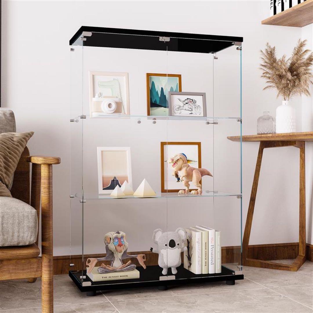 【新品】コレクションケース ガラス フィギュアケース 3段 ワイド 棚 ブラック