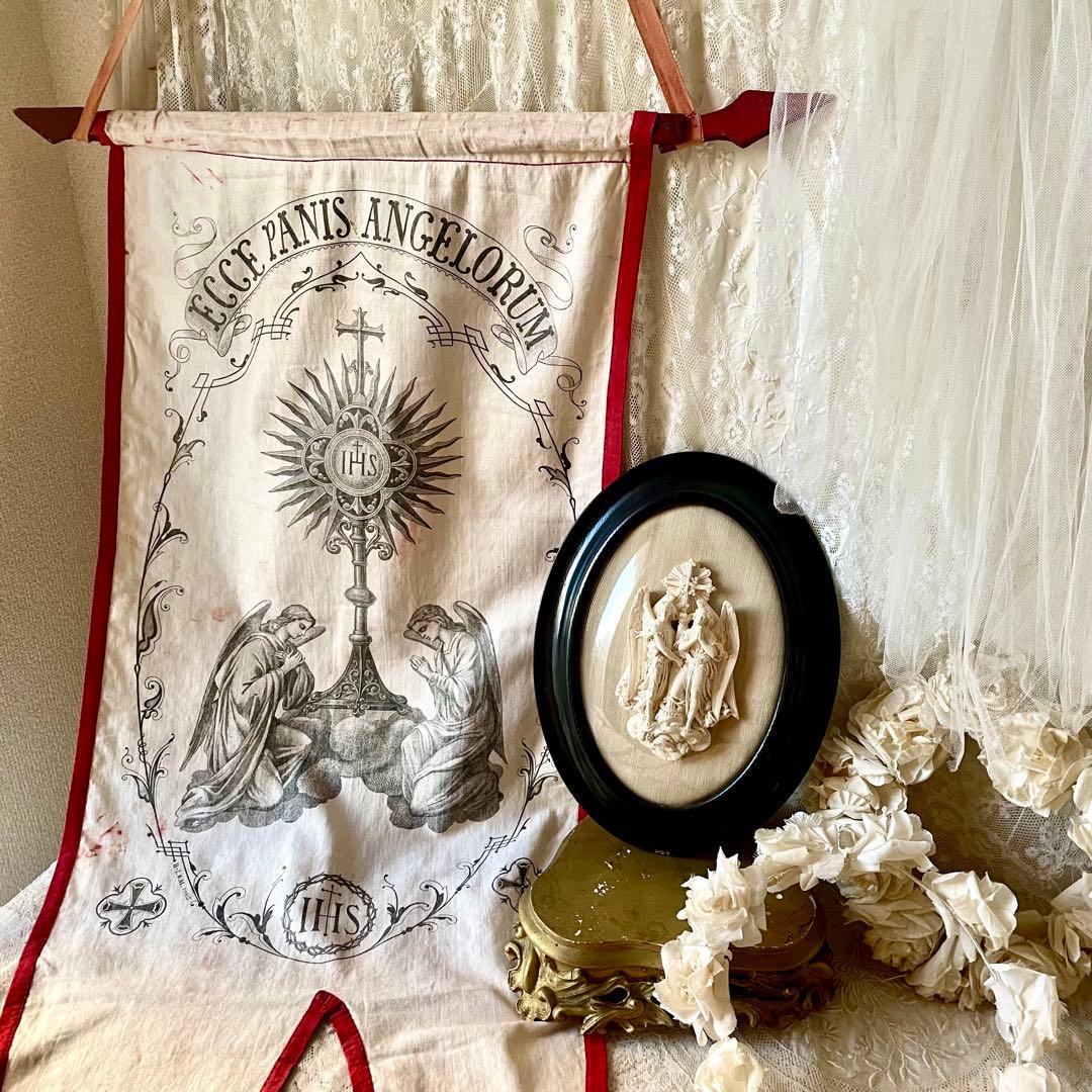 2人の天使のメダイヨン エンジェル フランスアンティーク エクリュ　フレーム