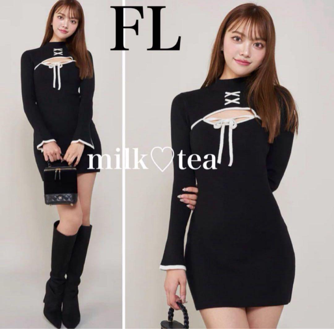 新品タグ ダーリッチ ブラック フロントオープンリボンニットミニワンピース FL