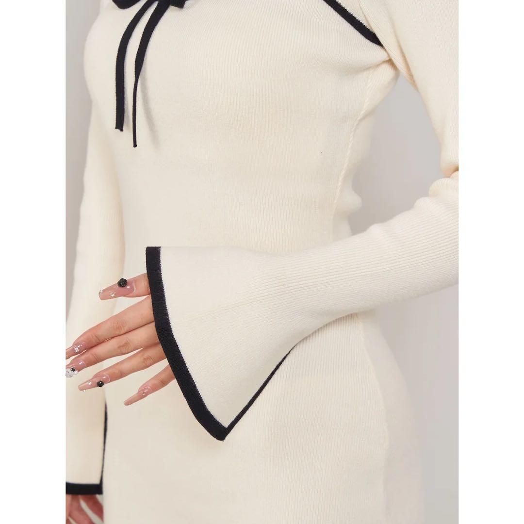 新品タグ ダーリッチ ブラック フロントオープンリボンニットミニワンピース FL