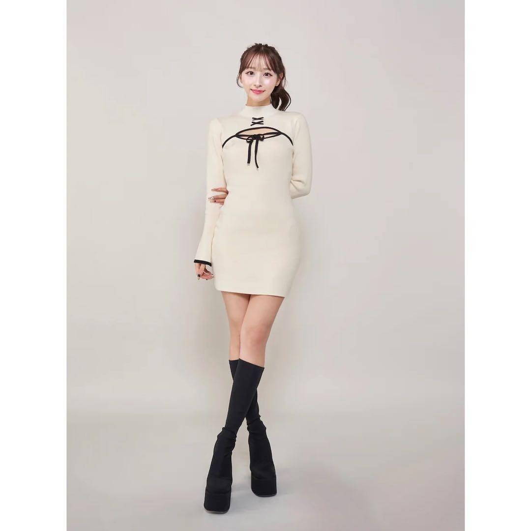 新品タグ ダーリッチ ブラック フロントオープンリボンニットミニワンピース FL