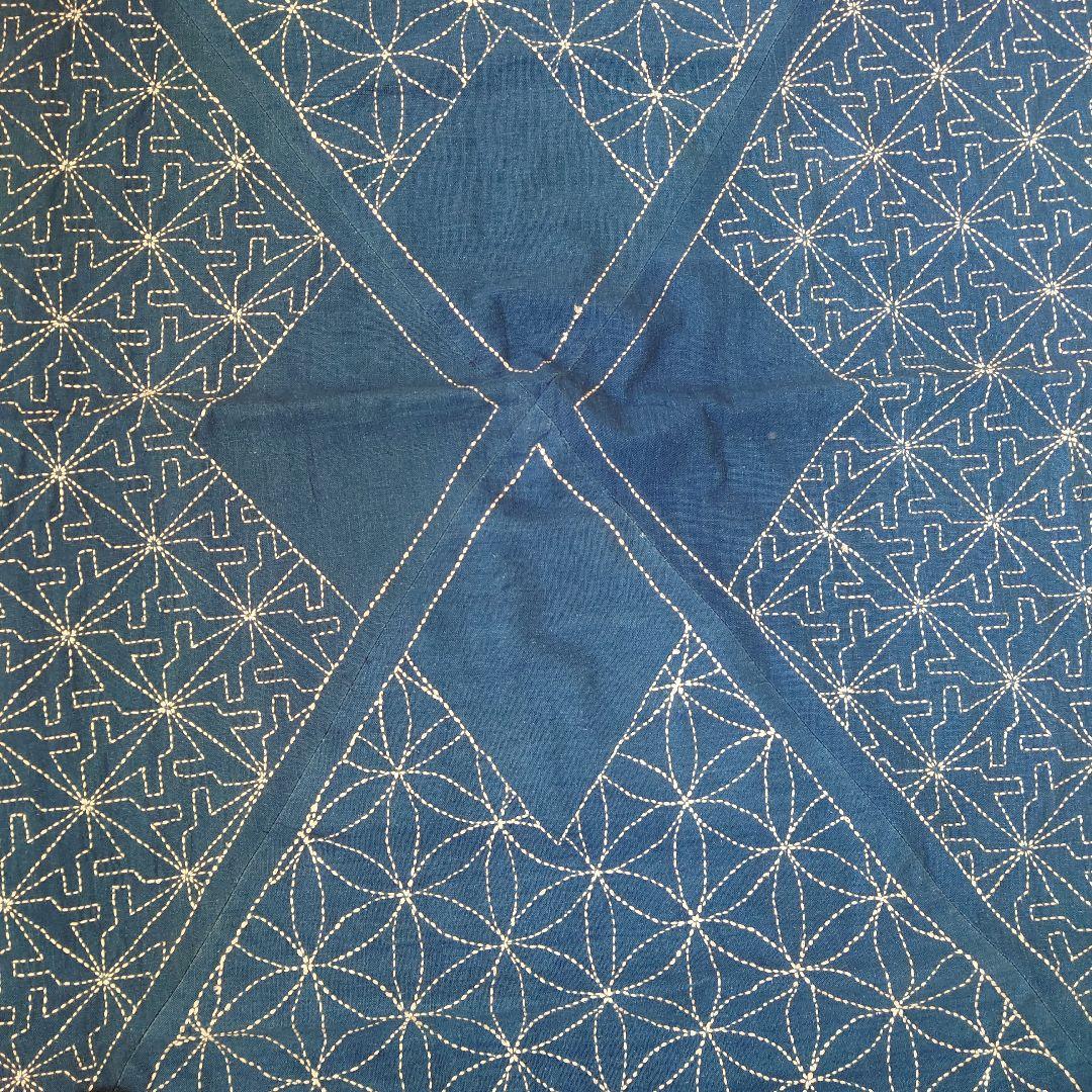 刺し子　刺繍　ブルー　長方形　テーブルクロス　布　インテリア　レトロ