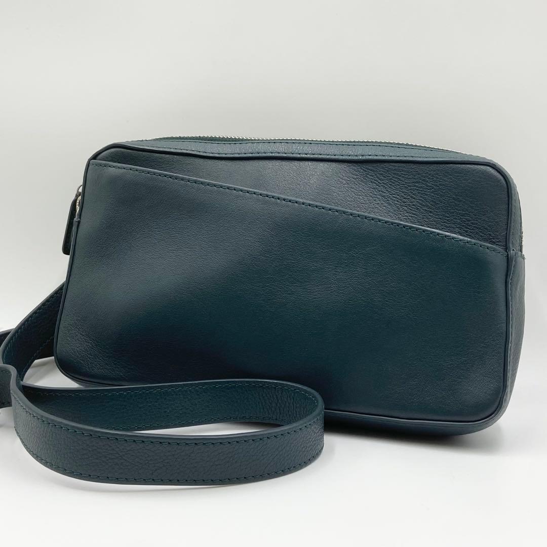 極美品　マザーハウス　リニア　ショルダーバッグ　レザー　グリーニッシュブルー