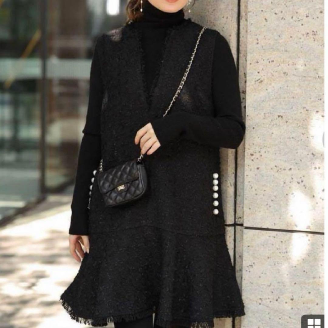 【美品】アプワイザーリッシェ ツイードペプラムミニワンピース ブラック　1