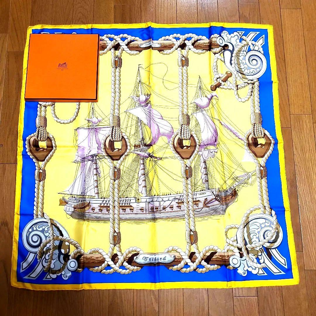 h406☆エルメスカレ90☆Tribord☆帆船スカーフ☆シルクイエロー×ブルー