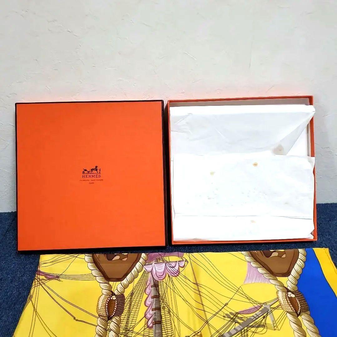 h406☆エルメスカレ90☆Tribord☆帆船スカーフ☆シルクイエロー×ブルー