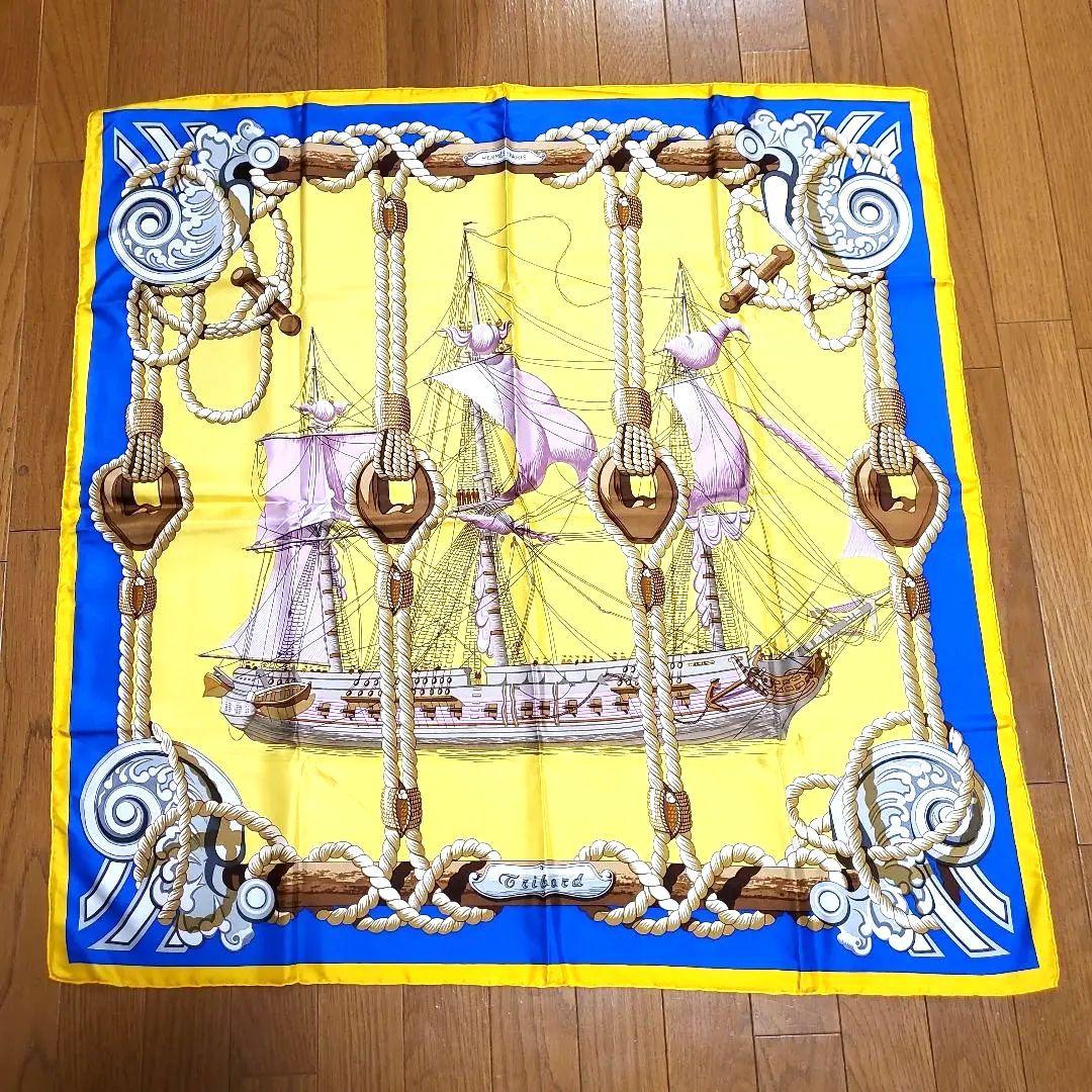 h406☆エルメスカレ90☆Tribord☆帆船スカーフ☆シルクイエロー×ブルー
