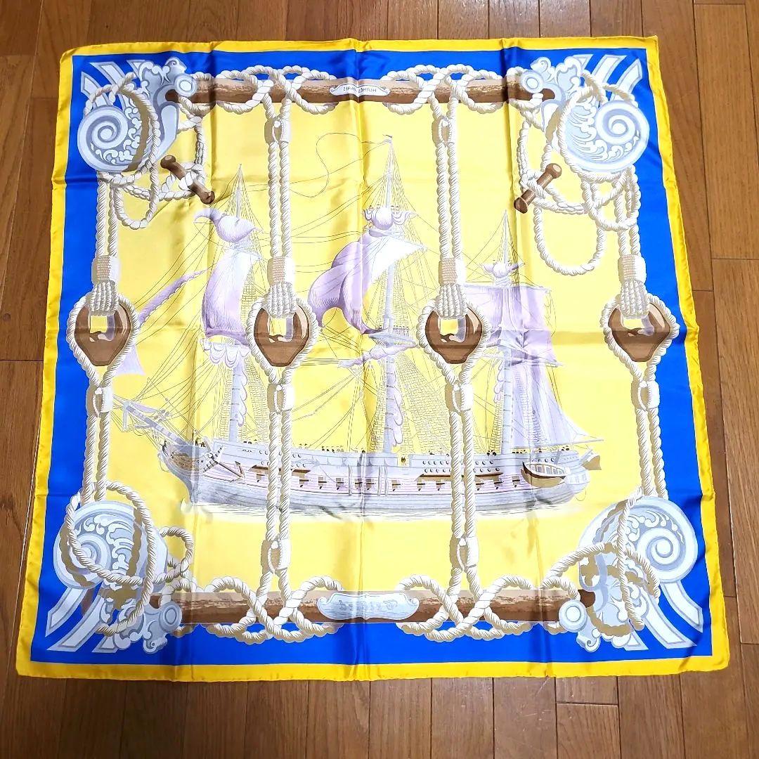 h406☆エルメスカレ90☆Tribord☆帆船スカーフ☆シルクイエロー×ブルー