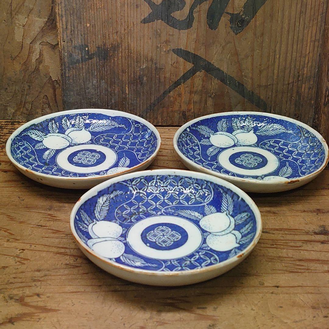 昔のお皿3枚セット 「Aす2 レトロ 桃 印判 明治 大正 昭和 江戸骨董