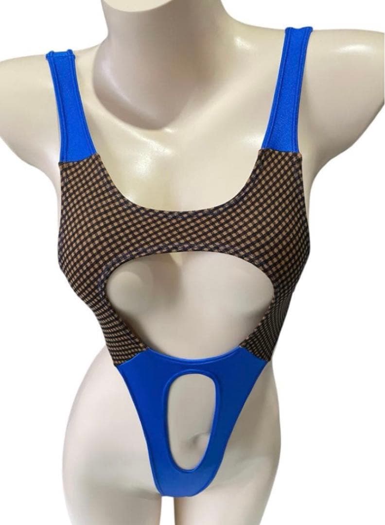 レオタード　ハイレグ　穴あき　くるみ格子×パールブルー