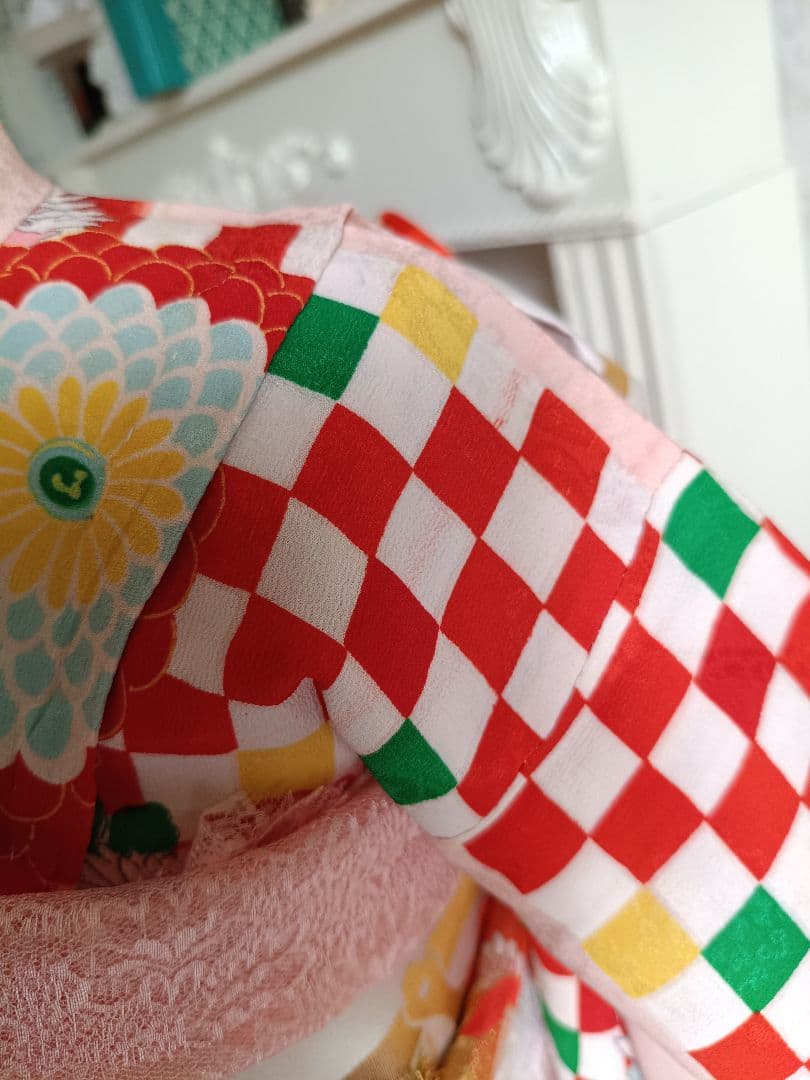 アンティーク格子模様の着物と白の作り帯☆七五三７歳セット