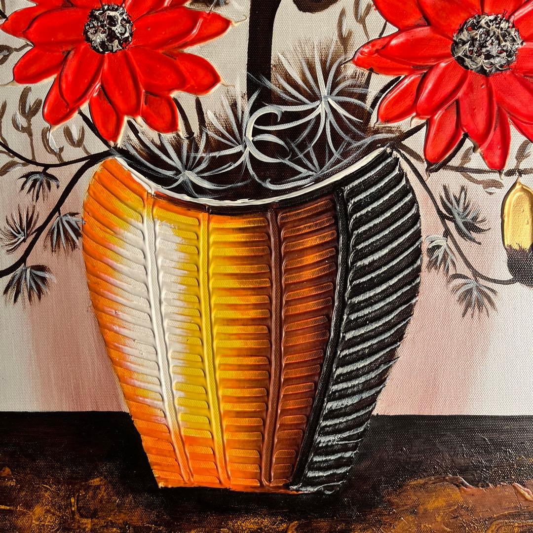 ★秀作★手書き油絵 ゴールドフラワー 絵画 額付き インテリア 油彩画