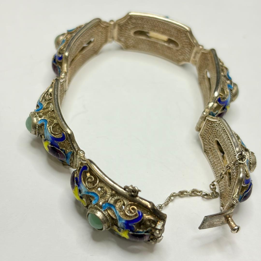 中国七宝 SILVER 銀線細工 天然石付き シルバーブレスレット バングル