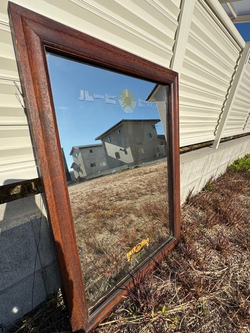 【状態良好】アサヒビール リボンシトロン アンティーク鏡 木枠ミラー 昭和レトロ