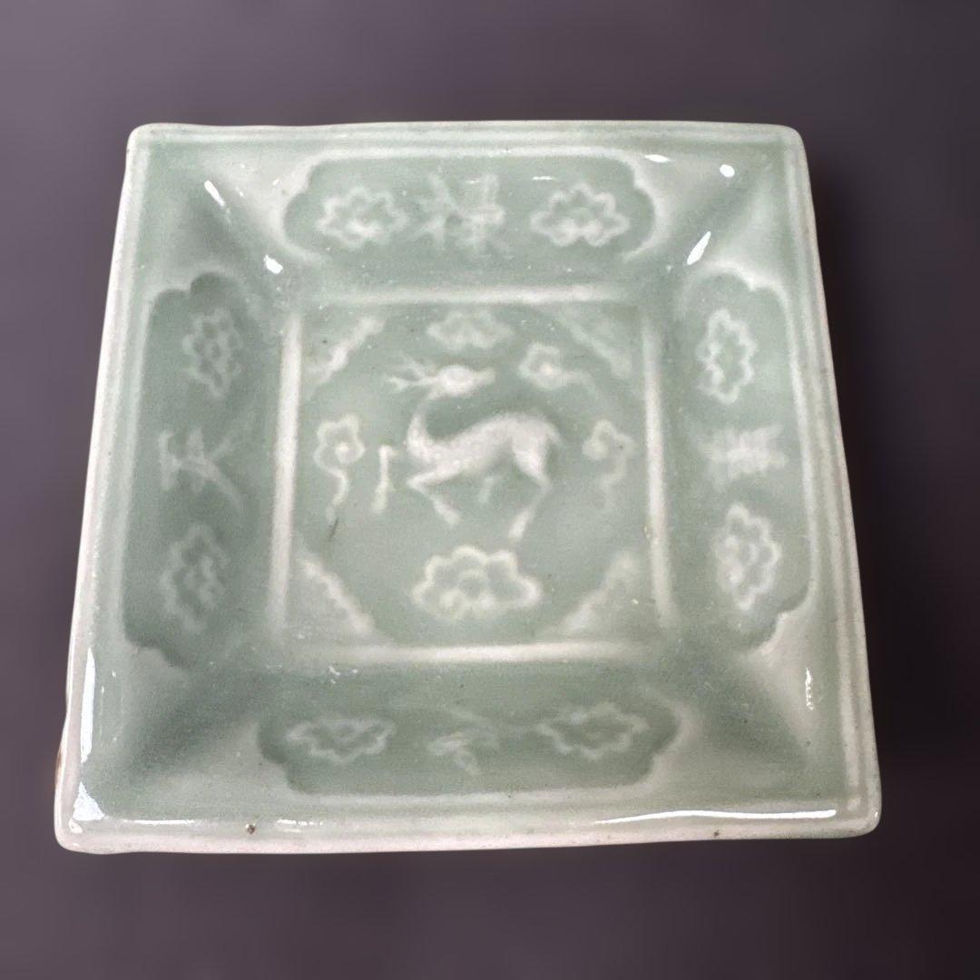 G26 送料無料 三田青磁 鹿の図 角皿 2枚 古美術 和骨董