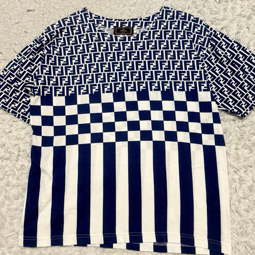 美品】フェンディ ズッカ柄 半袖カットソー FF 白ネイビー バイカラー