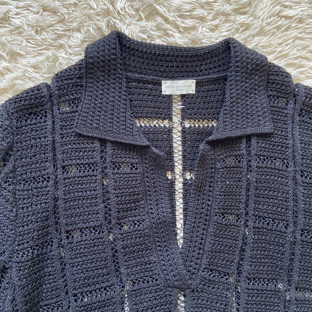 美品　ドリスヴァンノッテン　透かし編みニットポロシャツ　ブラック　M位