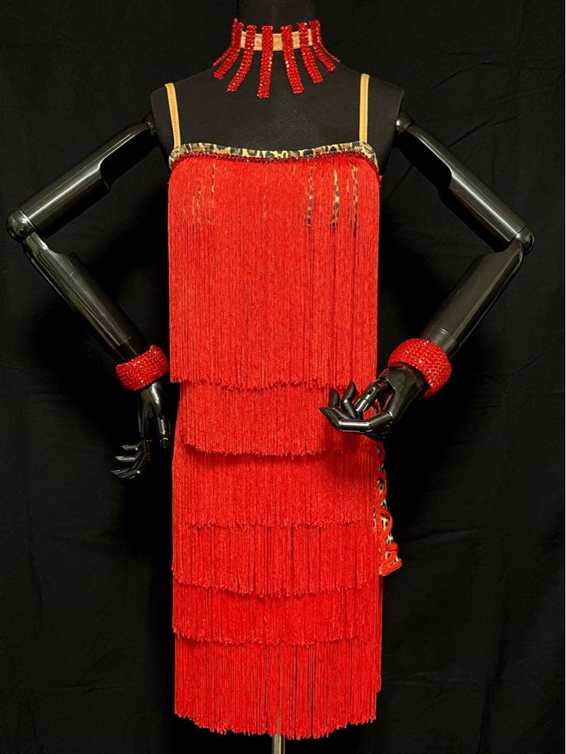 社交ダンス★ラテン フリンジドレス★レッド&アニマル柄★サイズS〜M★美品