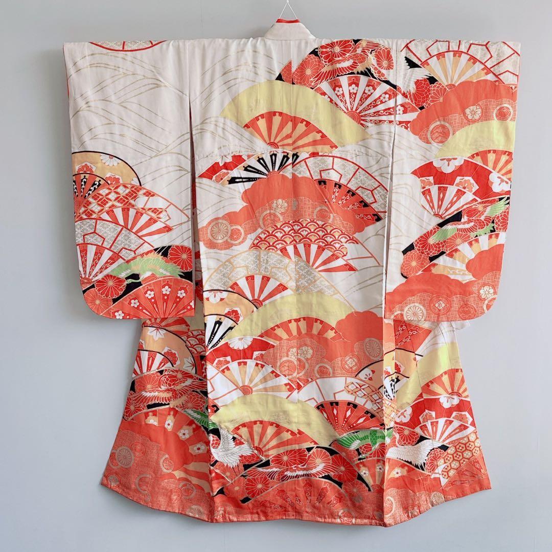 フルセット　七五三　7歳女の子　源氏車　鶴　金糸　金プリント　黒袋帯　菊7071