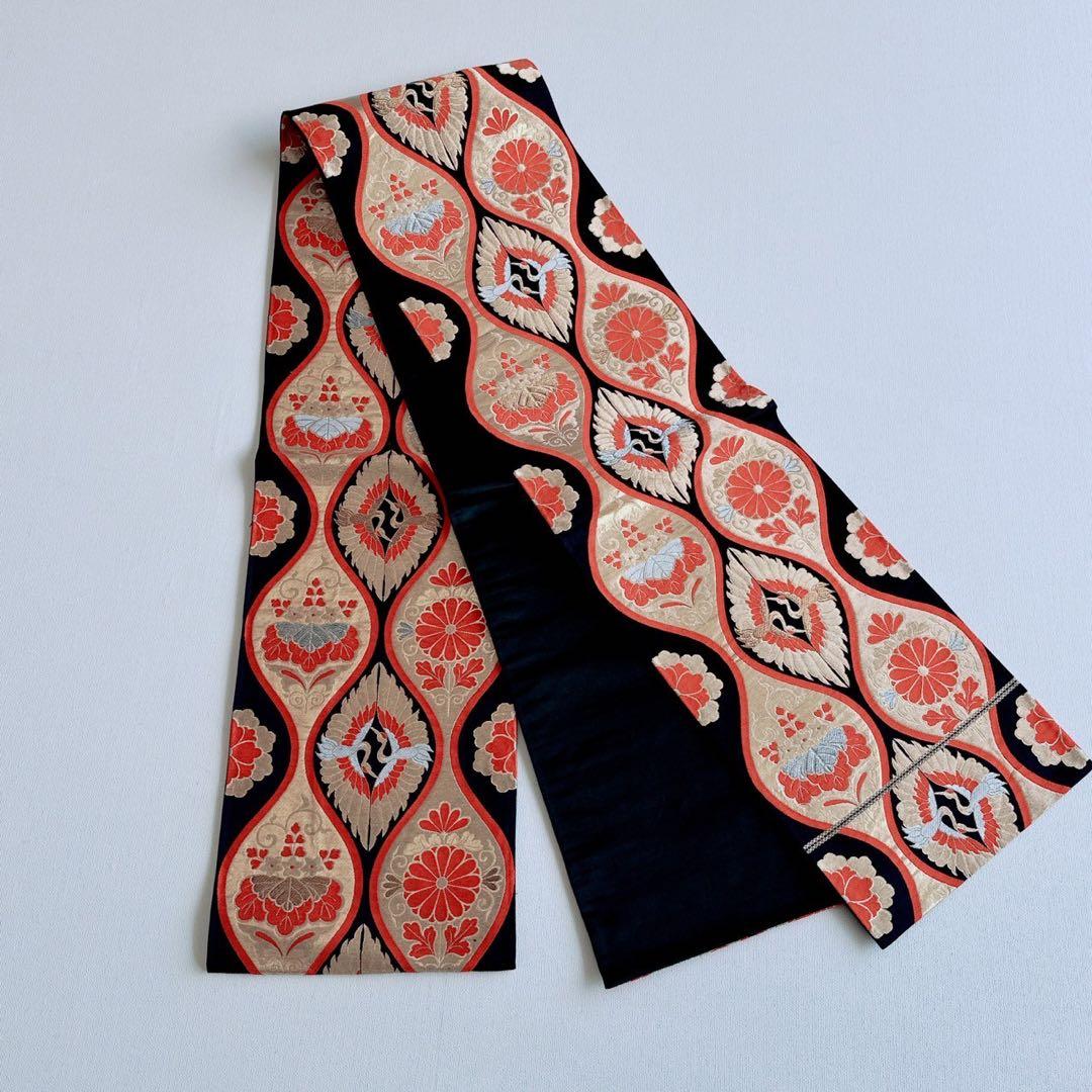 フルセット　七五三　7歳女の子　源氏車　鶴　金糸　金プリント　黒袋帯　菊7071