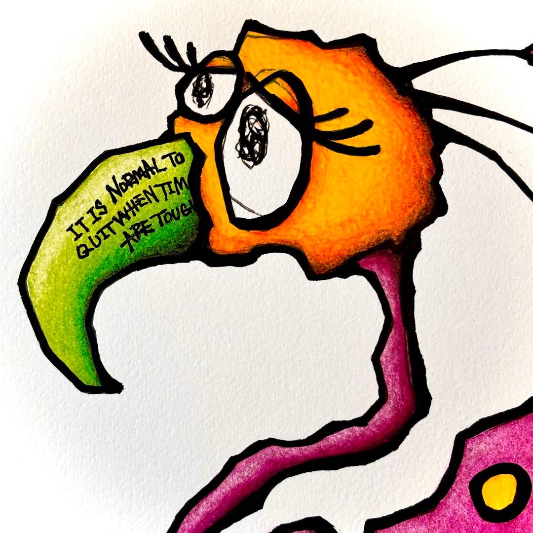 に*け様 「 逃げることをやめたフラミンゴ 」｜絵画 原画 抽象画 動物画 ドロ