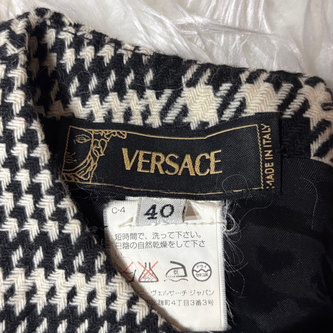 ヴェルサーチ レース切替 ウール 千鳥格子 ミニワンピース ドレス