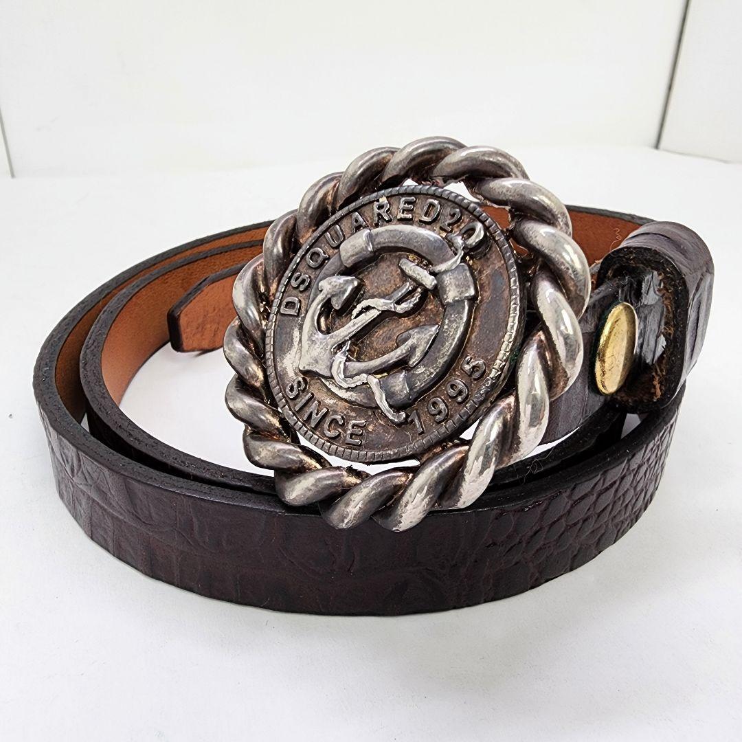 【良品】ディースクエアード 本革 ベルト クロコダイル ブラウン系 シルバー金具