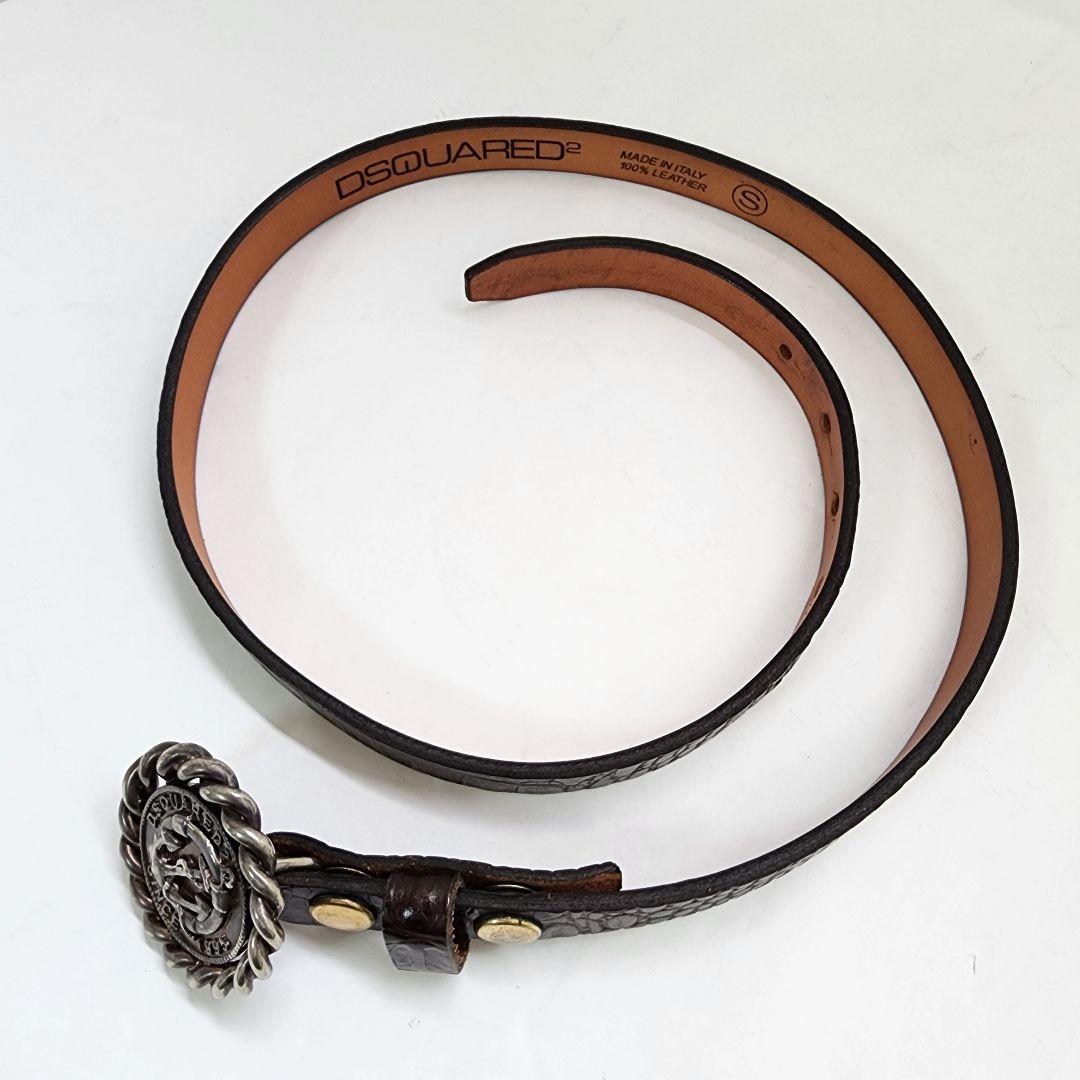 【良品】ディースクエアード 本革 ベルト クロコダイル ブラウン系 シルバー金具