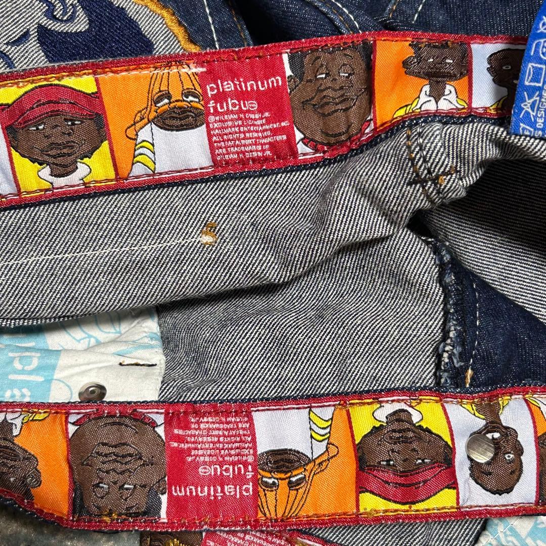 プラチナムフブデニムパンツF110ダブルニーw36FUBU刺繍ロゴb系Y2K古着