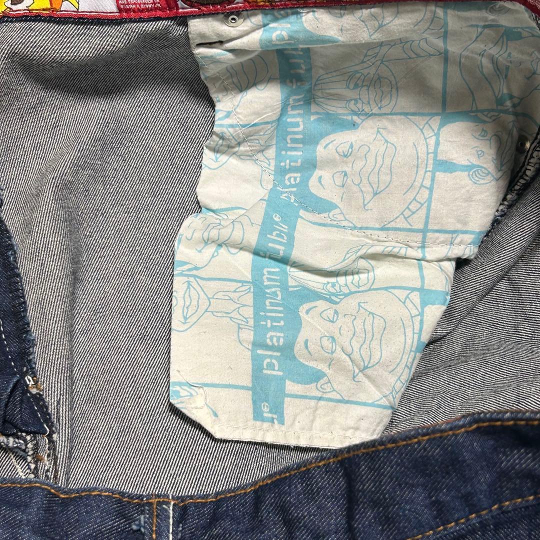 プラチナムフブデニムパンツF110ダブルニーw36FUBU刺繍ロゴb系Y2K古着