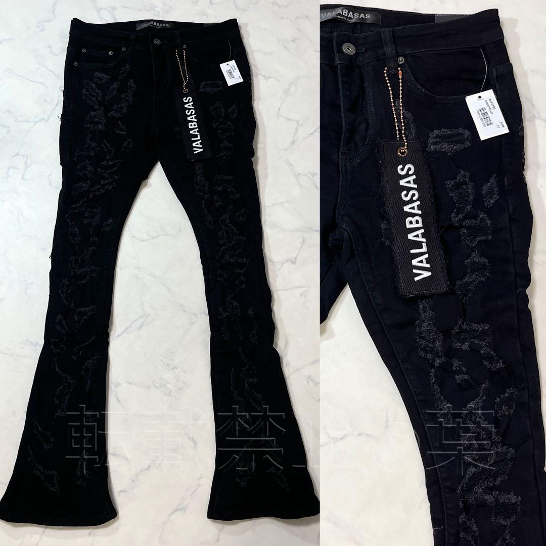 valabasas バラバサス クラッシュスキニーフレアデニム ブラック 32
