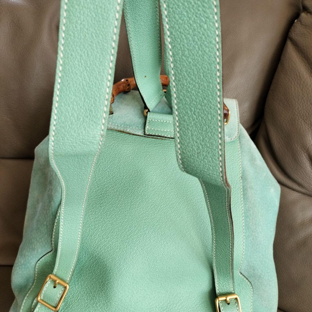 美品　GUCCI　 レザー　バンブーハンドル付きリュック　水色　ビンテージ　希少