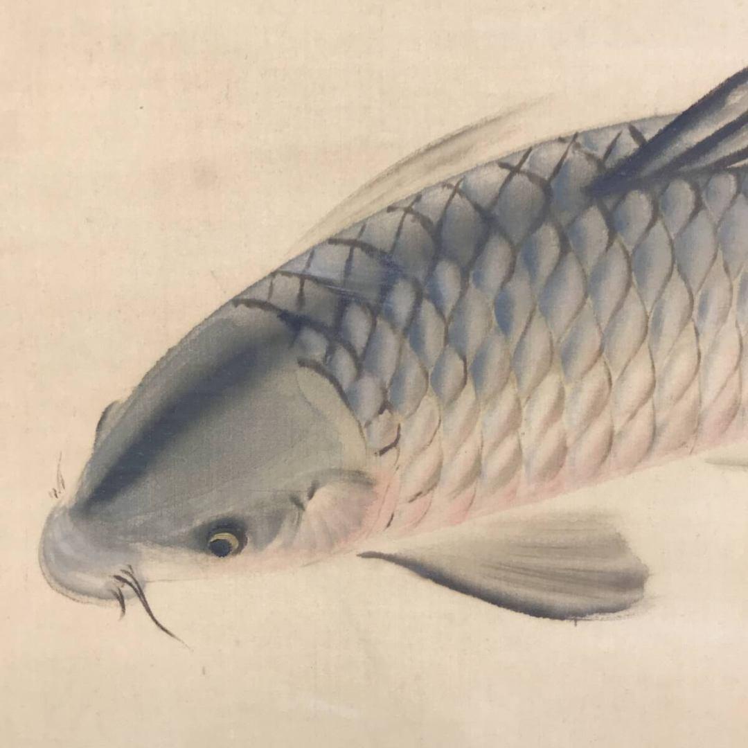 真作/橋本光風/鯉図/游鯉/漆絵/花鳥図/掛軸/名家伝来/AK-