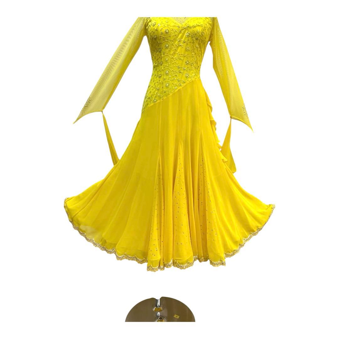 Y6071★M イエロー レース スタンダードドレス 社交ダンス
