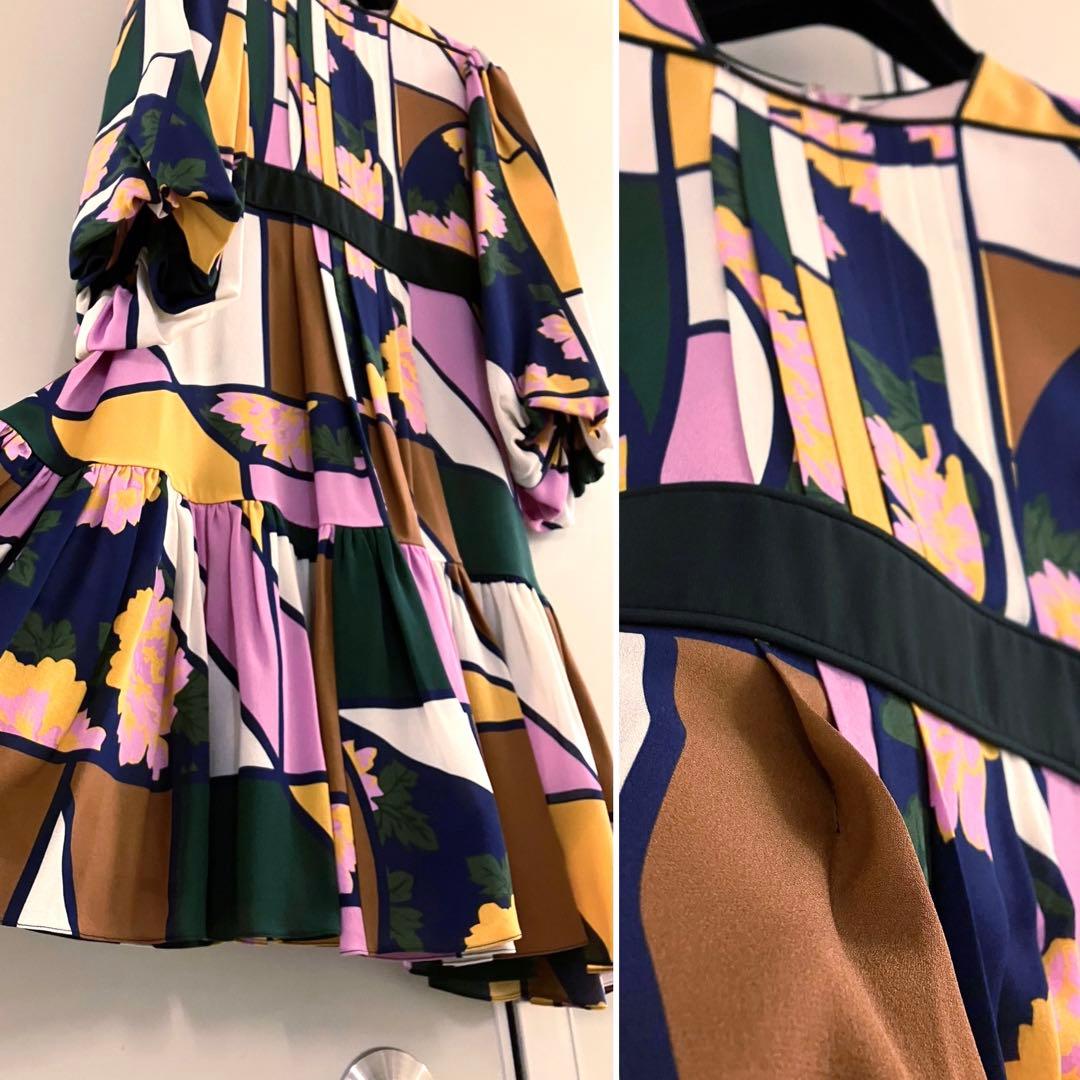 【ROKSANDA】パネルプリーツ マルチカラー総柄バルーン袖SILKワンピース