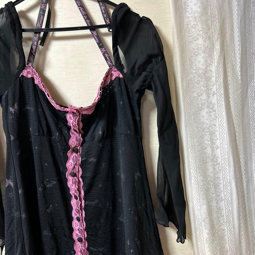 H .NAOTO レース装飾ワンピース 黒とピンク