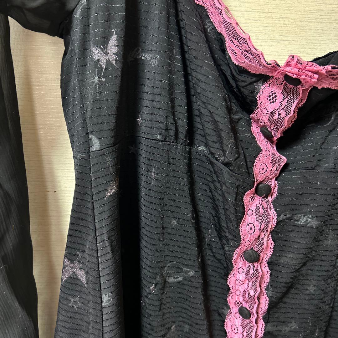 H .NAOTO レース装飾ワンピース 黒とピンク