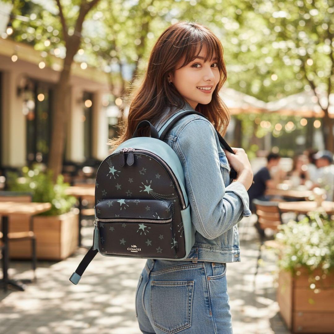 希少✨コーチ リュック ミニチャーリー 星柄 ネイビー レザー バイカラー