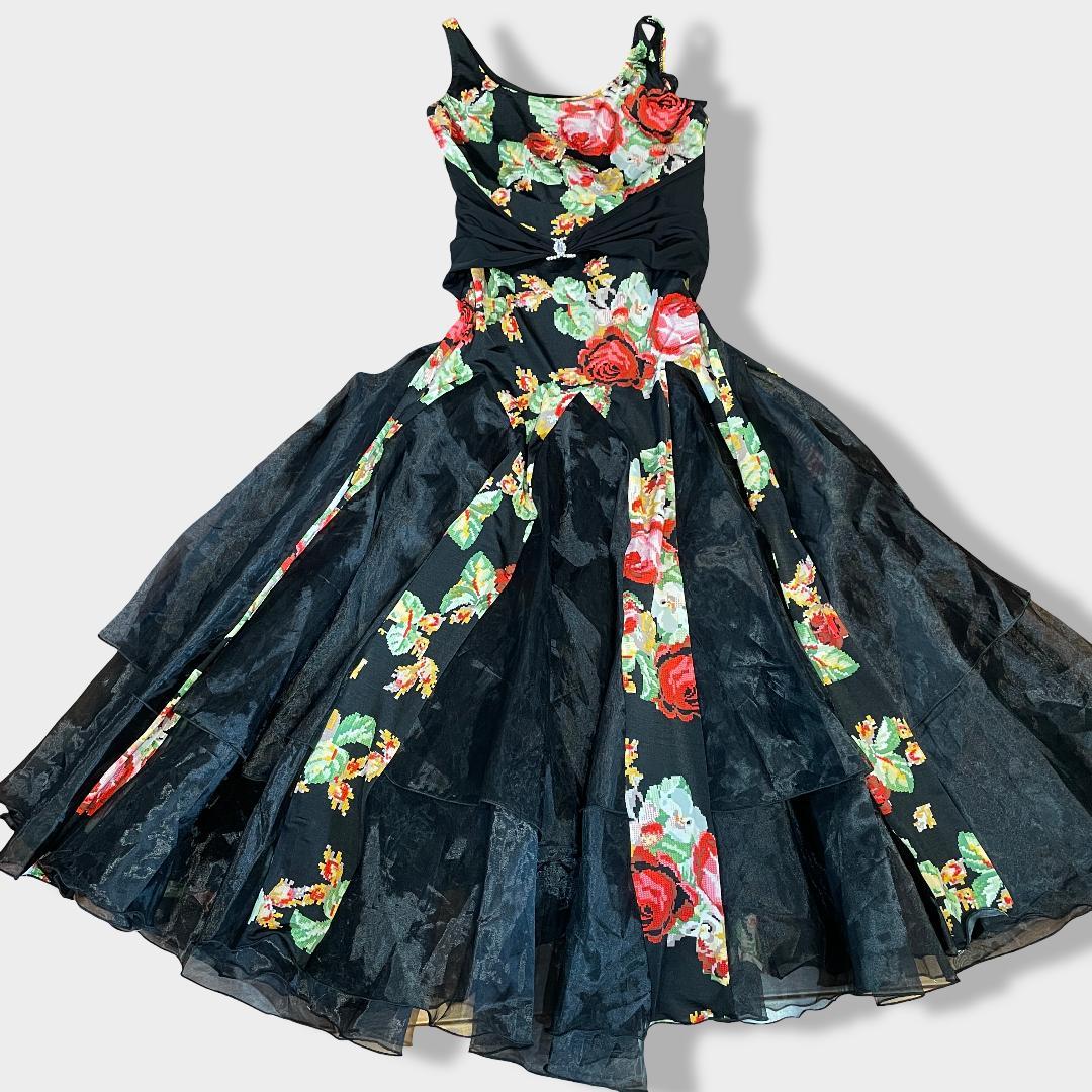 【美品】イチオク 社交ダンス ドレス ワンピース 花柄 ローズ ティアード 黒
