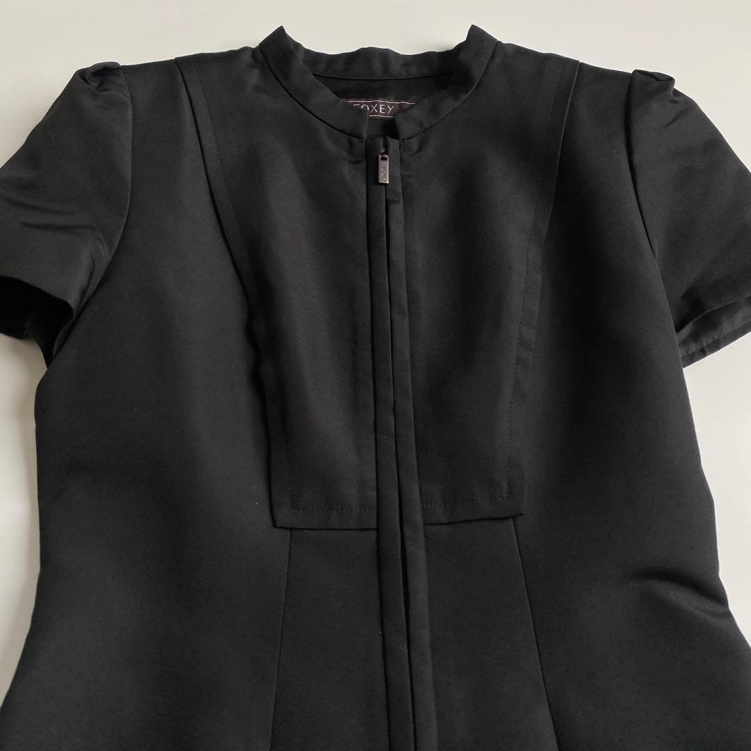 FOXEY ブラック シルク フロントジップ フリル ワンピース ブラック