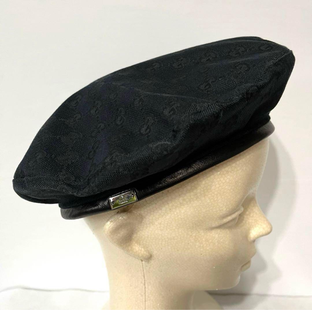 グッチ GG柄　ベレー帽　ロゴプレート　レザー　レディース　メンズ　帽子　XL