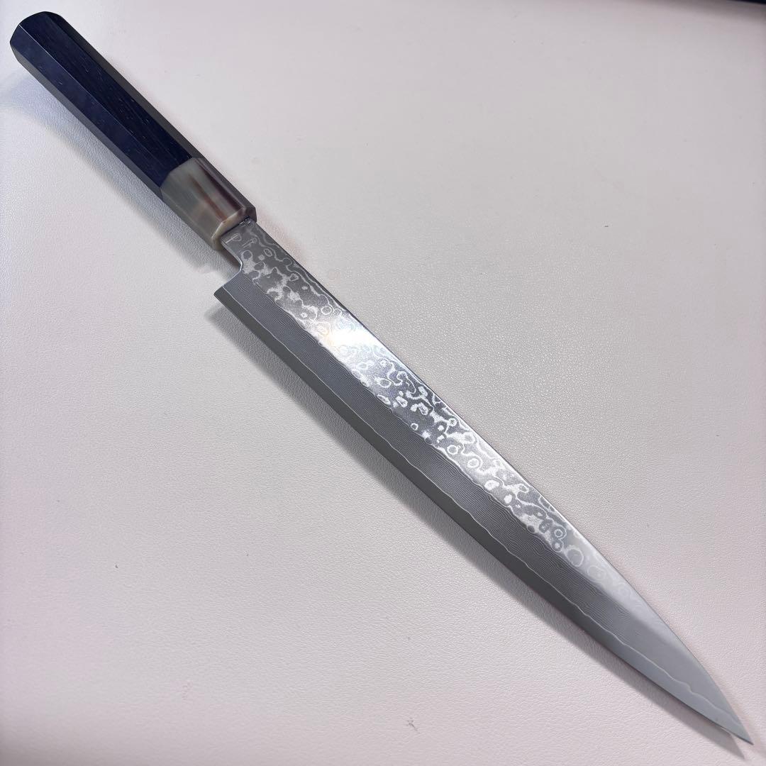 240mm 柳刃包丁 墨流しダマスカス黒檀 本水牛八角柄 刺身包