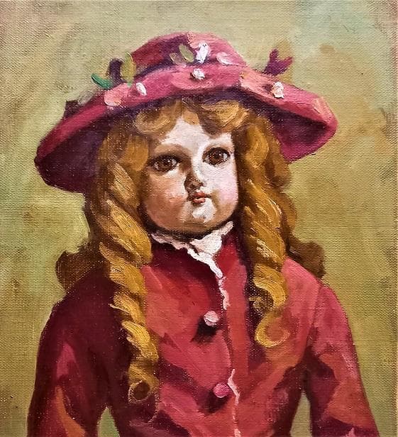 谷上信博 タイトル「アンティークドール」F4号 油絵 サイン 1989年制作