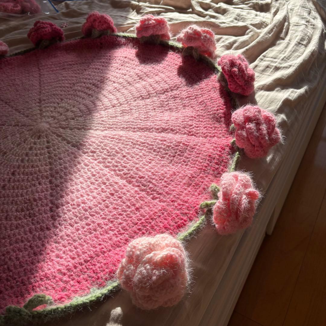 ブーケブランケット ハンドメイド 大きいバラ ピンク系 かぎ針編み