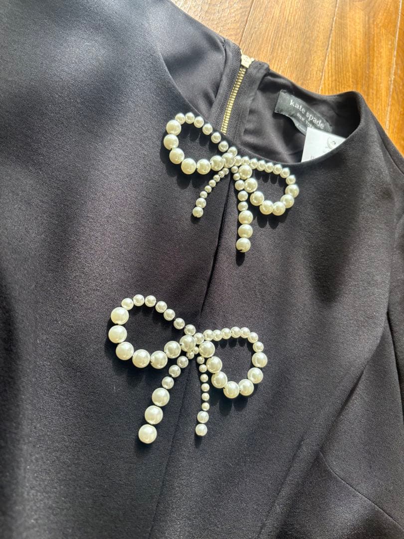 ★新品&激安 ケイトスペードニューヨークパールリボン７部袖黒ワンピースサイズS★