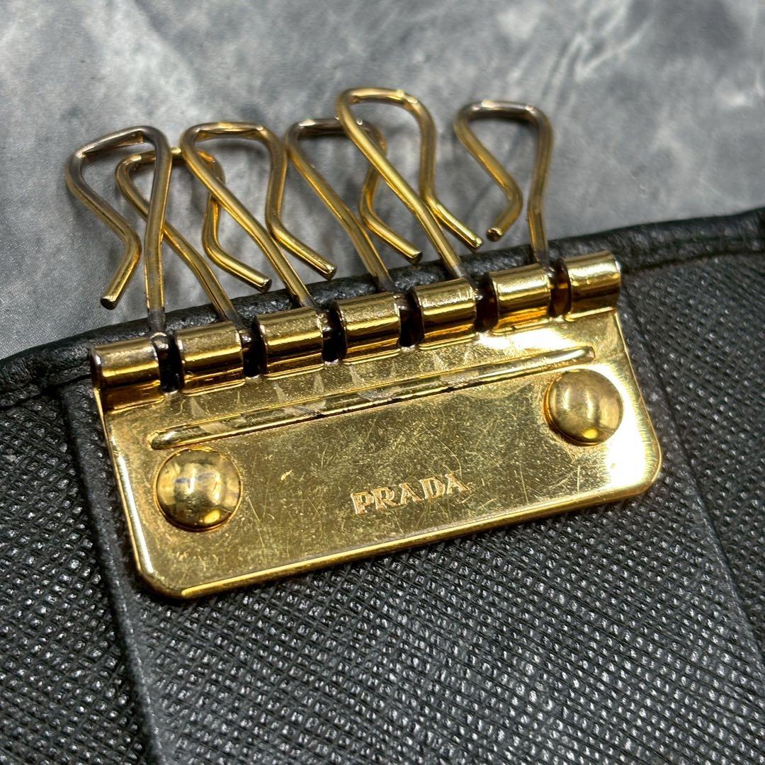 現行/極美品 PRADA 6連 キーケース サフィアーノ ブラック ゴールド