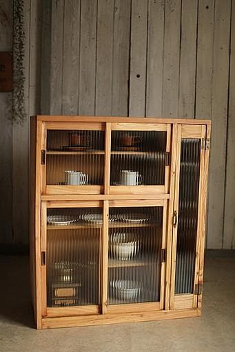 古い木枠のモールガラス戸棚収納棚食器棚キャビネット古家具