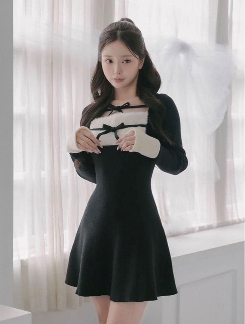 darich リボンファーフレアニットミニワンピース