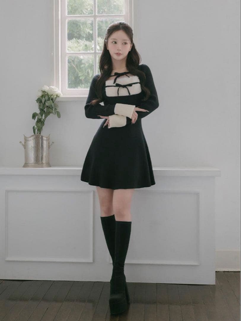 darich リボンファーフレアニットミニワンピース