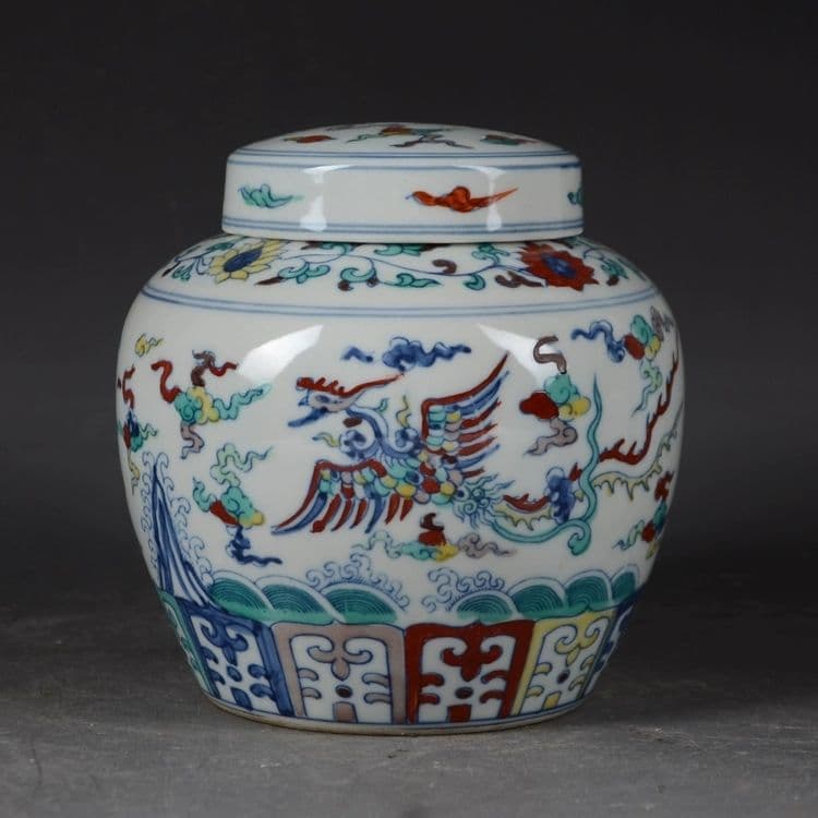 明成化手画斗彩龍鳳紋天字缶 茶壺 景徳鎮 陶磁器 装飾品 現代工芸品美術品 置物